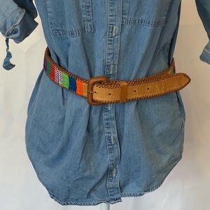Artesian tan leather belt with colorful weave